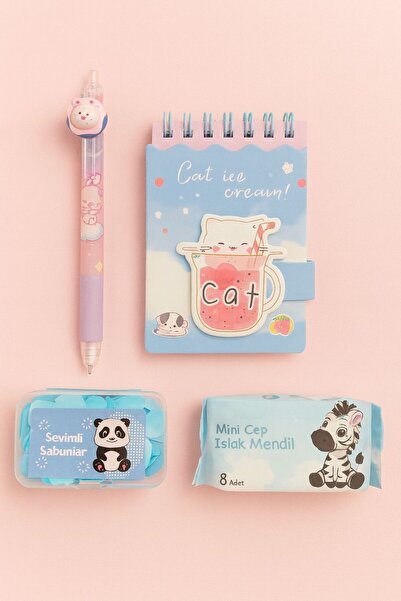 matheon مجموعة بتصميم القطط: دفتر ملاحظات صغير حلزوني + قلم + مناديل مبللة صغ...