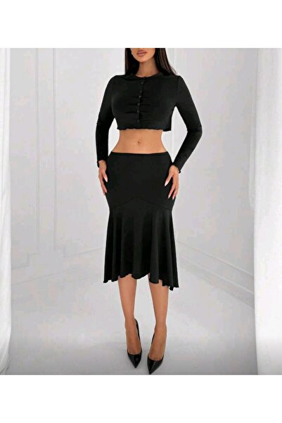 MAROVOAY Fusta neagră cu tiv fluid, lungime midi, din lycra, fustă sport, fus...