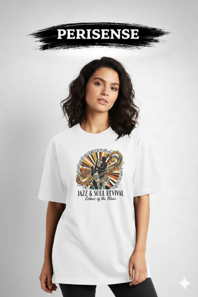 PERISENSE تي شيرت جاز مطبوع للجنسين من القطن الممشط الفاخر قصة فضفاضة