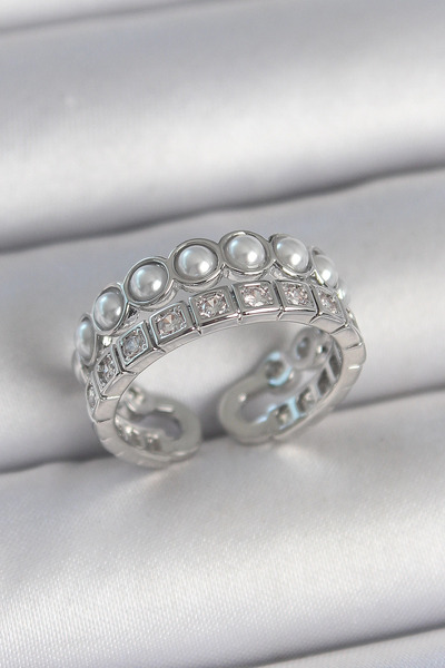 esplendor خاتم نسائي من النحاس الفضي اللون مكون من صفين من حجر الزركون واللؤل...