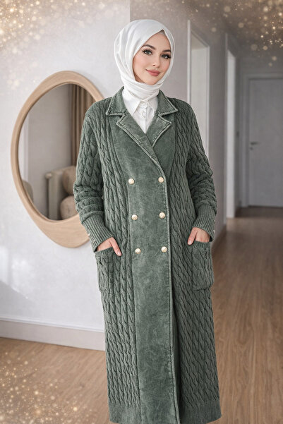 Qimene Kadın Tesettür Giyim Örme Uzun Kap-(Kruvaze Yaka Düğmeli)