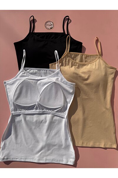 LEYNA BUTİK Women's 3-Piece Cotton Undershirt Set with Bra and String Straps ...