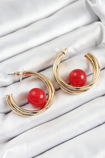 esplendor Brass Gold Color Hoop Model Red Bead Detail Women's Earrings
