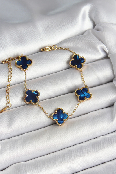 lowell home 316L Steel Pearlescent Navy Blue Gold Color Clover Women's Bracelet