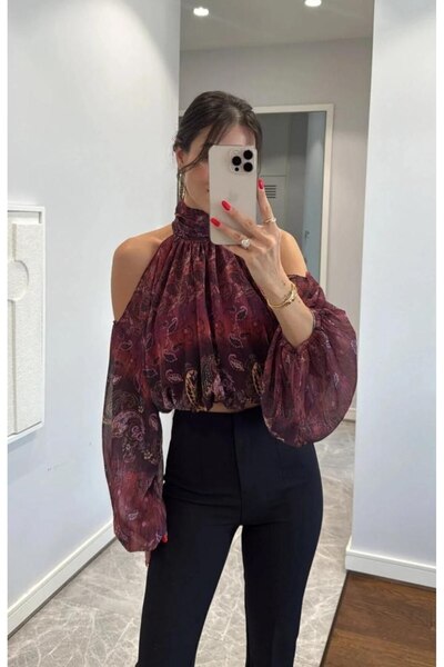 Gülümse boutique Bordo ağırlıklı desenli şifon bluz