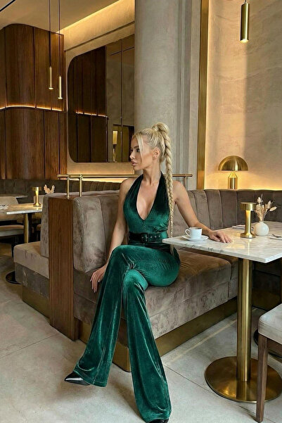 Love Fab Velvet Flared Stylish Jumpsuit with Halter Neck and Belt