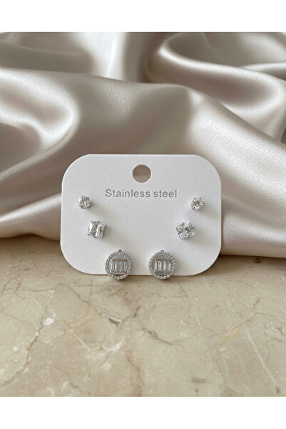 MonaCe Collection 3'lü Set Taş Detaylı Gümüş Renk Çelik Küpe