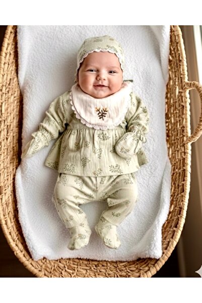 BEREN %100 Pamuk Organik Müslin 5’li Bebek Hastane Çıkış Seti - Agua Nil Dant...