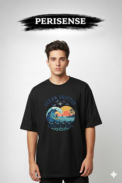 PERISENSE Unisex Beach Printed Premium Combed Cotton Oversized T-Shirt