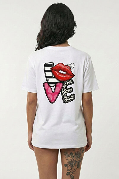 VOSSAX Women's White Love Written Red Lip Leopard Detail Printed 100% Cotton ...
