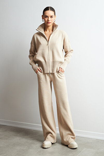 Yefrastore Women's Double Zipper Comfortable Cut Knitwear Set Cream