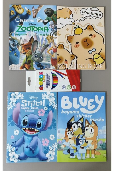 ada çanta kırtasiye 4 adet stickerli boyama kitabı ve 12 li kuru boya kalemi ...