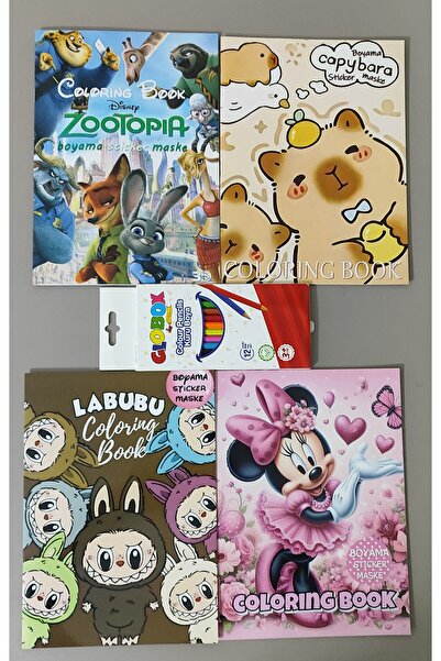 ada çanta kırtasiye 4 adet stickerli boyama kitabı ve 12 li kuru boya kalemi ...