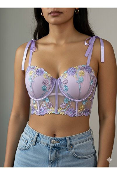 TAMER COLLECTİON Pastel Renkli İşlemeli Tül Büstiyer