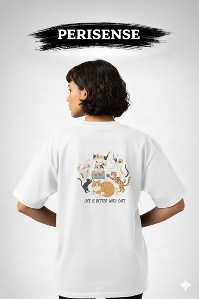 PERISENSE Unisex Cat Lover Printed Premium Combed Cotton Oversized T-Shirt