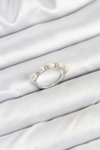 esplendor خاتم نسائي من النحاس الفضي اللون مع لؤلؤ متسلسل