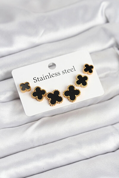 esplendor 316L Steel Gold Black Color 3 Size Clover Earring Set