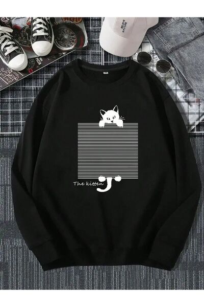 Kids Hanorac de iarnă unisex cu imprimeu Cat, negru