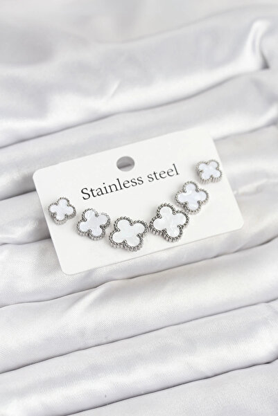 lowell home 316L Steel Silver White Color 3 Sizes Clover Earrings Set