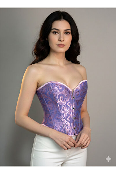 TAMER COLLECTİON Mor Jakarlı Desenli Straplez Korse Büstiyer