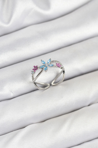 esplendor Adjustable Brass Ring with Zircon Stone and Blue Floral Pattern