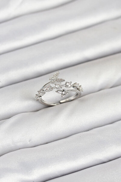 lowell home خاتم نسائي نحاسي فضي اللون بحجر الزركون على شكل فراشة