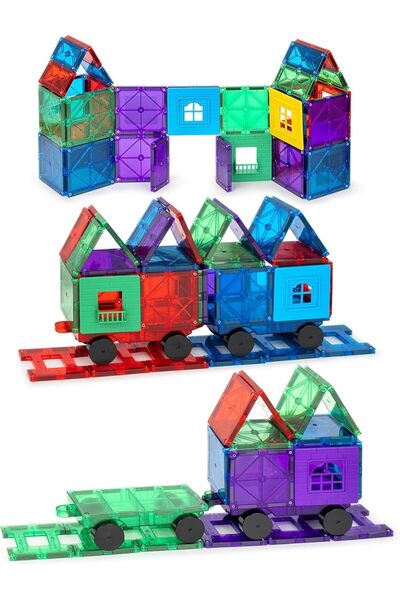 Generic مجموعة مكعبات بناء مغناطيسية - 55 قطعة مع 4 سيارات ومسارات ونوافذ - أ...
