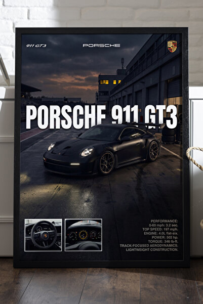 Duvarda Αφίσα Porsche 911 GT3 με μαύρο ξύλινο πλαίσιο, διακοσμητικός πίνακας ...