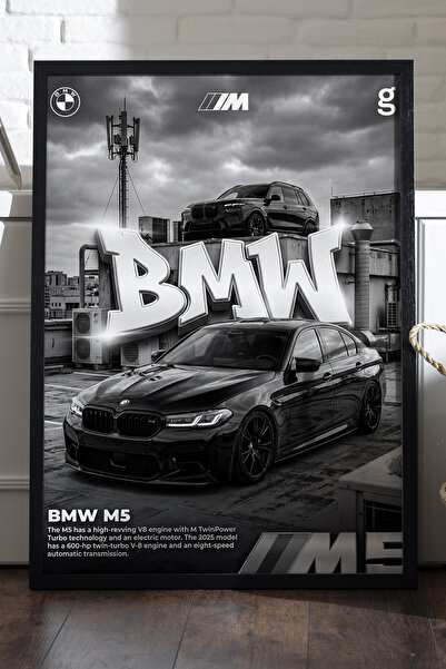 Duvarda BMW M5 Siyah Ahşap Çerçeveli Poster, Dekoratif Araba Duvar Tablosu