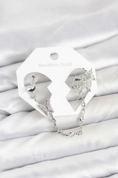 My Reality Fashion طقم أقراط على شكل فراشة من النحاس الفضي اللون مع سلسلة متصلة