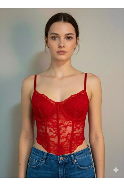 TAMER COLLECTİON Kırmızı Dantelli Büstiyer