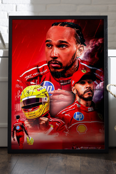 Duvarda Lewis Hamilton Siyah Ahşap Çerçeveli Poster, Dekoratif Formula 1 Duva...
