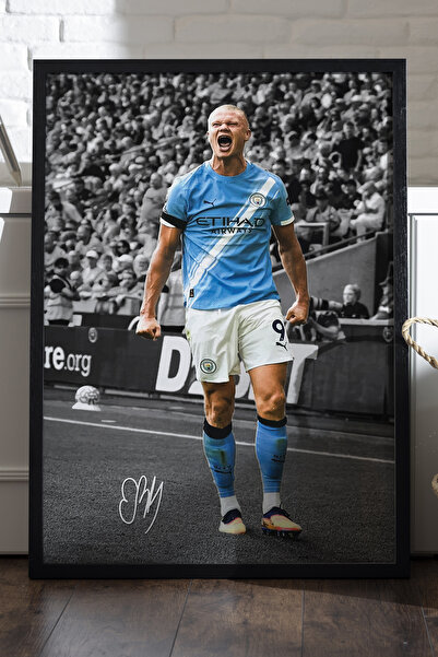 Duvarda Erling Haaland Siyah Ahşap Çerçeveli Poster, Dekoratif Futbol Duvar T...