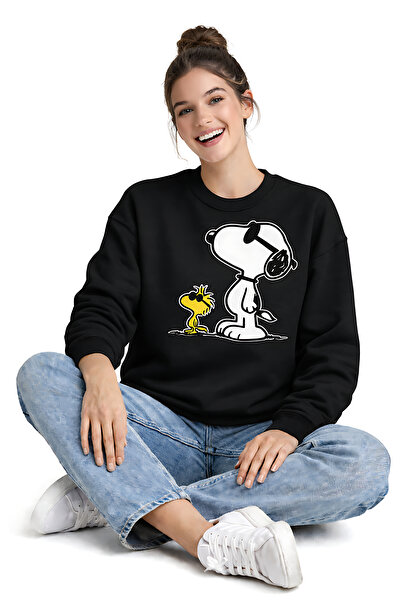 ArtYus Snoopy and Woodstock Printed Relaxed Fit Fleece-Lined 3 Thread Crewnec...