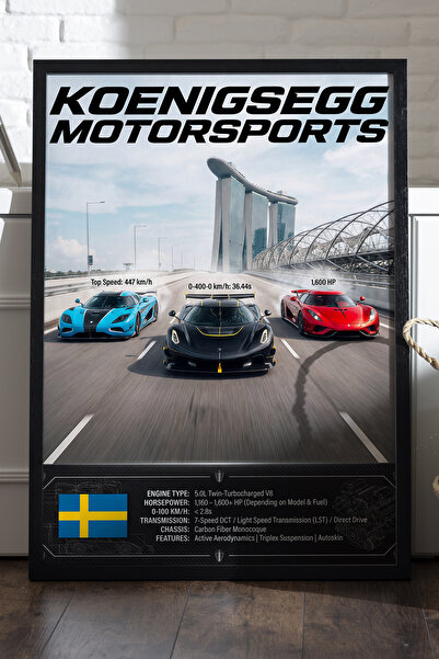 Duvarda Koenigsegg Motorsports crni poster sa drvenim okvirom, dekorativna zi...