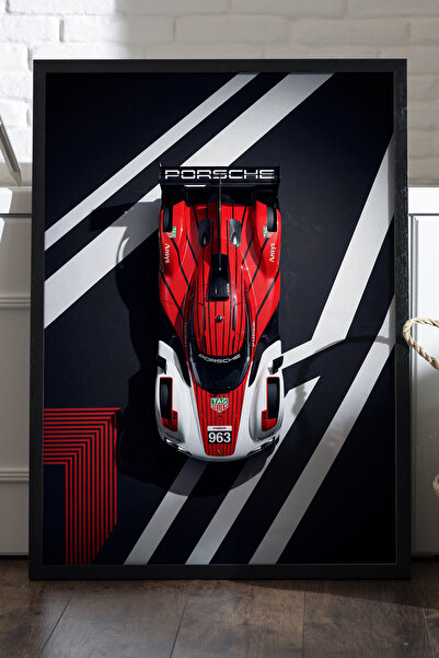 Duvarda Porsche 963 Siyah Ahşap Çerçeveli Poster, Dekoratif Araba Duvar Tablosu