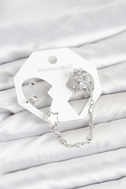 lowell home طقم أقراط على شكل نجمة من النحاس الفضي اللون مع سلسلة متصلة