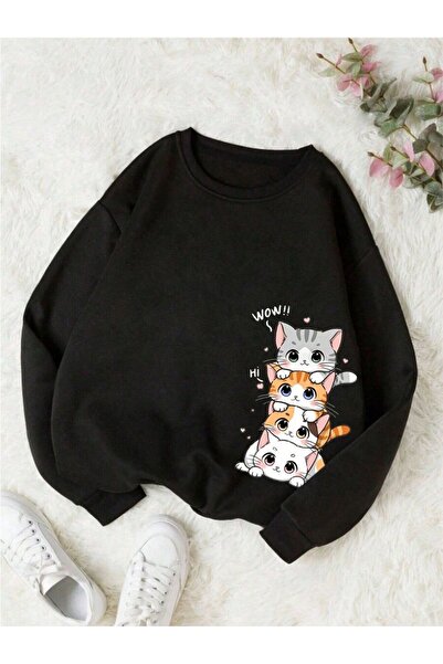 Kids Четворна котешка щампа Унисекс зимна блуза Черна