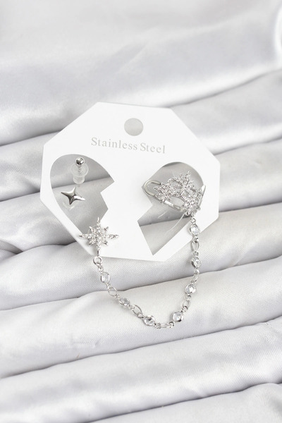 Eco Lounge طقم أقراط على شكل نجمة القطب مصنوع من النحاس الفضي اللون مع سلسلة ...