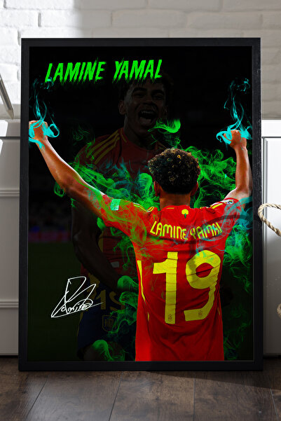 Duvarda Lamine Yamal Siyah Ahşap Çerçeveli Poster, Dekoratif Futbol Duvar Tab...