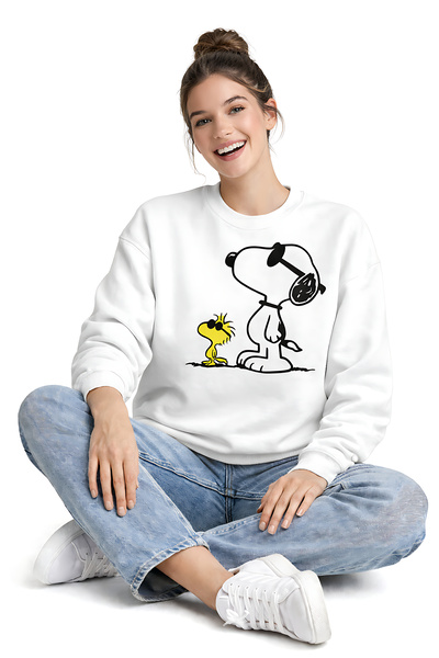 ArtYus Snoopy and Woodstock Printed Relaxed Fit Fleece-Lined 3 Thread Crewnec...