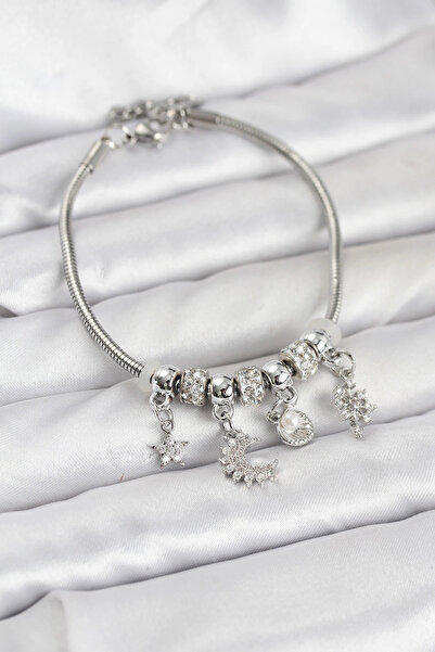 lowell home سوار نسائي من النحاس الفضي اللون مع قلادة على شكل هلال