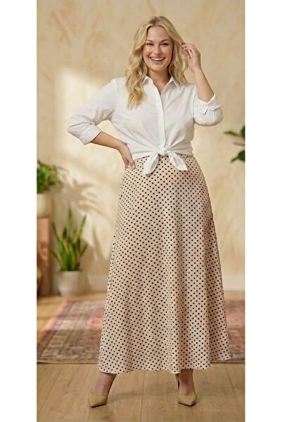puerpuellamoda Büyük Beden Trend Kadın Bej Siyah Puantiyeli Yüksek Bel Cepli ...