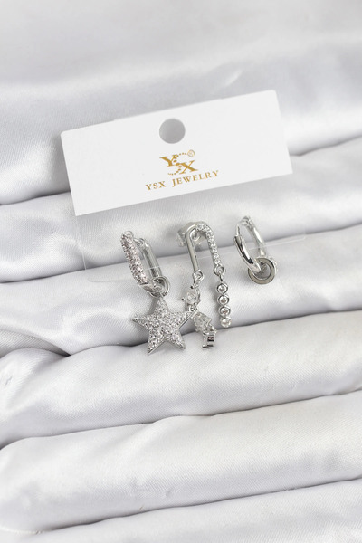 lowell home Brass Silver Color Zircon Stone Star Vintage Model Ysx Trio Earri...