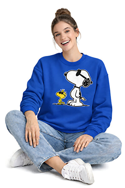 ArtYus Snoopy and Woodstock Printed Relaxed Fit Fleece-Lined 3 Thread Crewnec...