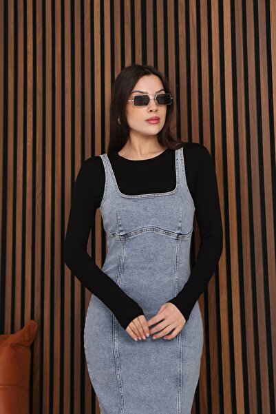 BLUE NATIONAL JEANS Kadın kalın Askılı Vücuda Oturan uzun Kot Midi Elbise BNJ...