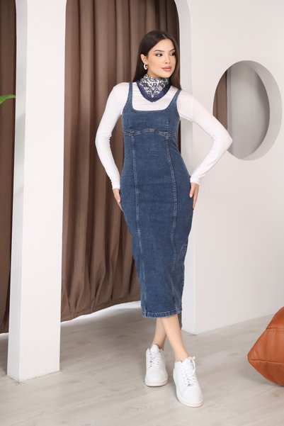BLUE NATIONAL JEANS Women's Thick Strap Bodycon Long Denim Midi Dress Bnj-5412S