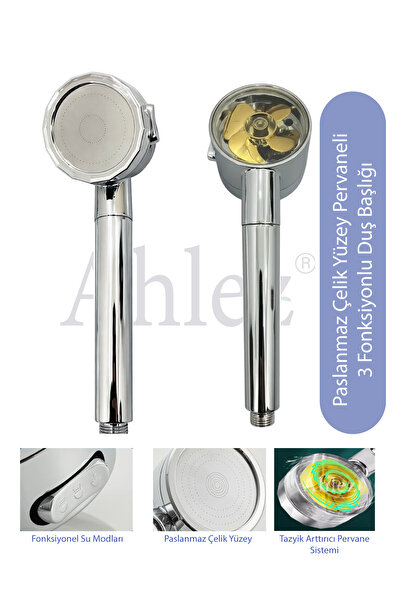 Ahlez Tazyikli Pervaneli 3 Fonksiyonlu Duş Başlığı El Duşu