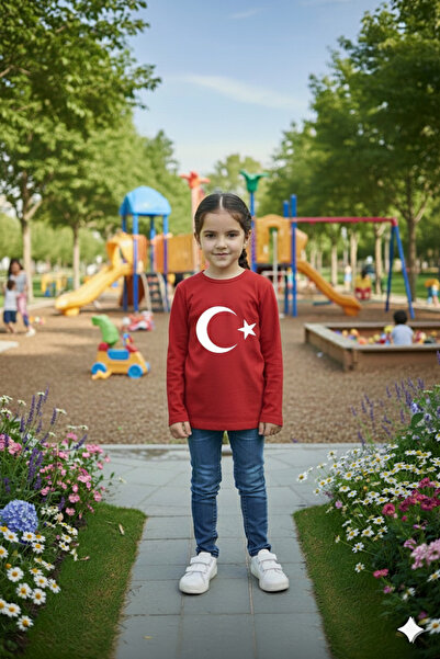 Parti Kırtasiye Kız Çocuk Unisex Tişört Kırmızı Ay Yıldız Baskılı Tişört Uzun...