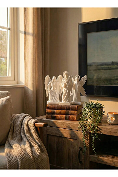 uAmor Modern Dekoratif 3'lü Melek Biblo Seti: Savaşçı, Bilge ve Dua Eden Mele...